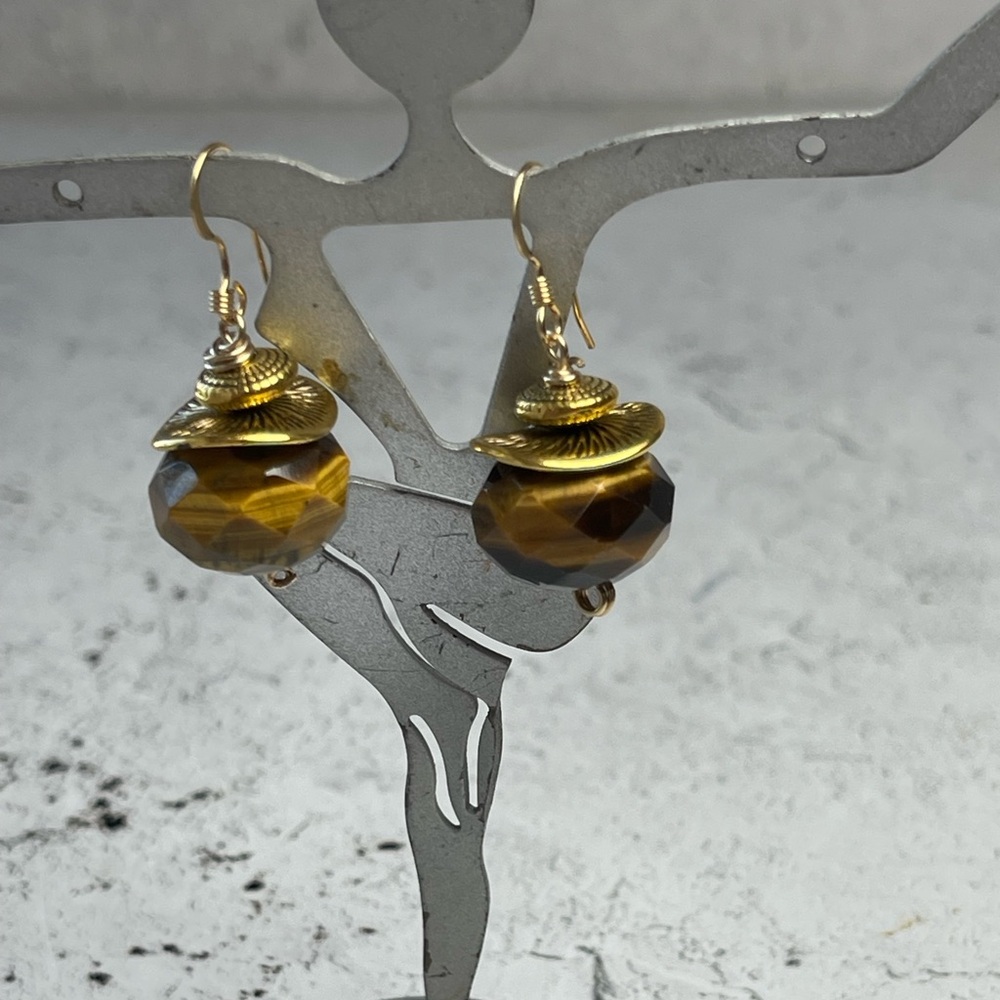 Chic Gold and Brown Tigereye Earrings Dangles. 14kt gold filled wires.